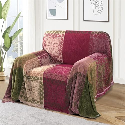 XHDZSW Chenille Überwurf Decke, Bohemian Jacquard Quasten Überwurf Decke Sofa Stuhl Bezug Dekorative Wendedecke für Bett Couch, Sessel, Büro,Reisen, Zelten dekorativ (GrüN Rot,1 Sitzer)