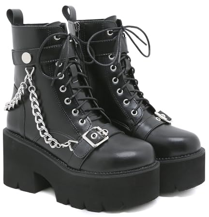 GooMaShoes Bottines pour femme Punk noires à talon épais avec lacets et plateforme, bottines gothiques à talon haut et bout rond, bottes de combat à lacets latéraux Goth pour Emo, Noir 10, 41 EU