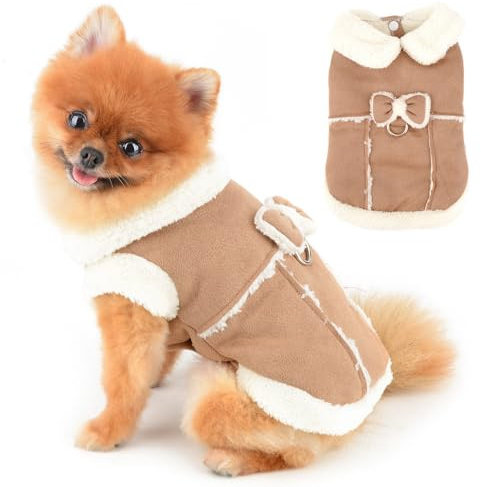 PAIDEFUL Hundemantel aus Wildlederimitat, weich, winddicht, mit niedlicher Schleife, warm, Herbst, Winter, Welpen, Weste, Fleece-gefüttert, Chihuahua-Kleidung, Katzenbekleidung, D-Ring, Khaki, Größe L