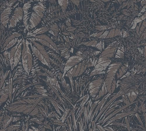 Livingwalls Carta da parati marrone nero – giungla 395605 – Carta da parati in tessuto non tessuto di alta qualità floreale con effetto metallico sobrio in oro beige, 10,05 m x 0,53 m
