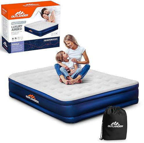 Vivo Technologies Luxury High Raise Flocked Double Air Bed, Waterproof Blow Up Mattress with Built-in Pump & Storage Bag, Quick Self Inflation Deflation Airbed for Guests, Camping & Home Use