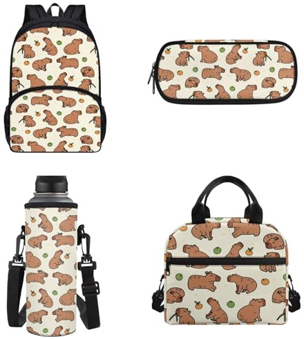 FUIBENG 4Piece Cartoon Capybara Backpack Kids Schoolbag Sets with Lunch Box, Pencil Car Water Holder Sleeve Crossbody Bag for Boys Girls，17Inch Large Capacity Bookbag Casual Daypack for Travel