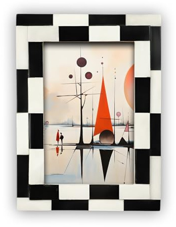 Handicrafts Home 4x6 Black & White Picture Frame – Handmade Bone Inlay Photo Frame from Silhouette Shuffled Collection, Checkered Geometric Design, Frame for Wall & Tabletop, Boho Home Decor & Gift