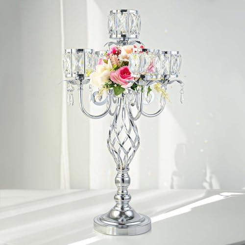 58,9 cm hoch, eleganter und schicker 5-armiger Kristall-Kerzenhalter, Tischdekoration, Teelichthalter, Kerzenhalter für wunderschöne Hochzeiten/Partys, Tischdekoration (1, Silber)
