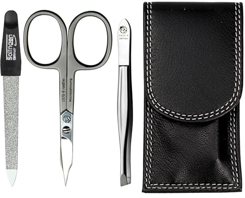 Sonnenschein by Hans Kniebes - Maniküre Set 3 teilig - Nagelschere, Nagelfeile und Pinzette - Taschenmaniküre Nagelpflegeset - Nappa-Schafleder Manicure Etui schwarz