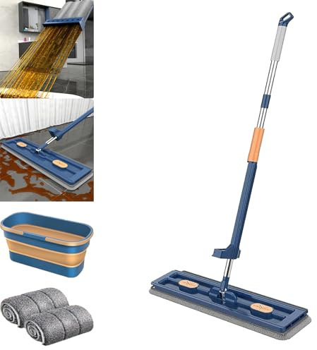 Mopa plana grande con rotación de 360 grados, lavado a mano, sistema de cubo y raspador de deshidratación, para limpieza en húmedo y seco (azul)