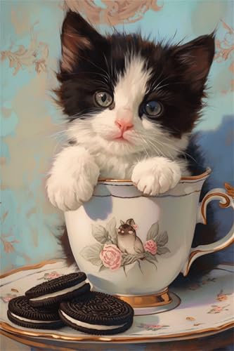 Malen Nach Zahlen Katze Kaffee Malen Nach Zahlen Kinder Anfänger, Malen-Nach-Zahlen ab 9 Jahre Mädchen Geschenke, DIY Ölgemälde Set mit Pinseln Acrylpigment Leinwan, Home Wanddeko Wohnzimme 40x50cm