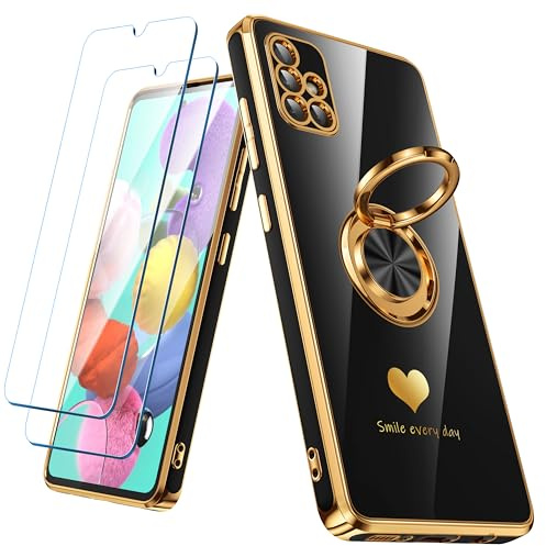 Nonional Schutzhülle für Samsung Galaxy A51 4G, mit 2 Displayschutzfolien, 360° drehbarer Ringhalter [luxuriöses Herzmuster], vergoldete Kanten, schlanke, weiche Handyhülle für Galaxy A51, Schwarz