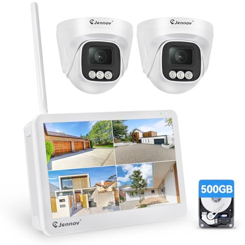 Jennov 5MP Kit Camera Surveillance WiFi avec 10 Moniteur, 10CH 5MP NVR, 4pcs 5MP Caméra IP WiFi avec Grand Angle 120°, Vision Nocturne Couleur, Détection Humaine, Enregistrements 24/7, 500 Go HDD