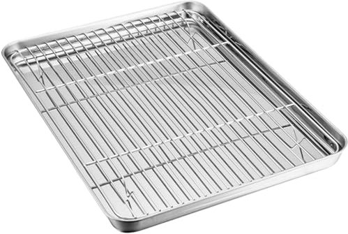 Pasdrucn Edelstahl Ofenblech Mit Auskühlgitter Zum Backen, Edelstahl Kuchenblech Backofenblech, Backblech Edelstahl, Baking Tray Herd Und Backofen SET, Backbleche-1 (23x17x2.5cm)