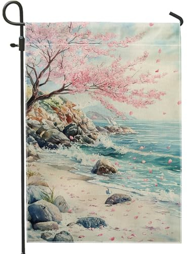 Drapeau de jardin de plage de fleurs de cerisier, bannière de décoration extérieure en tissu double face, 30,5 x 45,7 cm