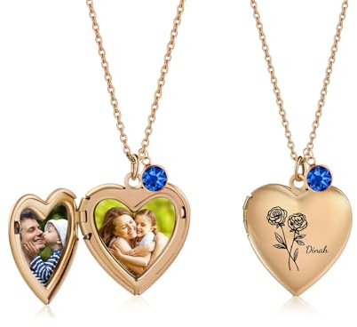 kaululu Personalisierte Foto Medaillon Halskette für Frauen Kette Damen mit Geburt Blume Namen Geburtsstein Anhänger Halskette für Mama Oma Schmuck Geschenke