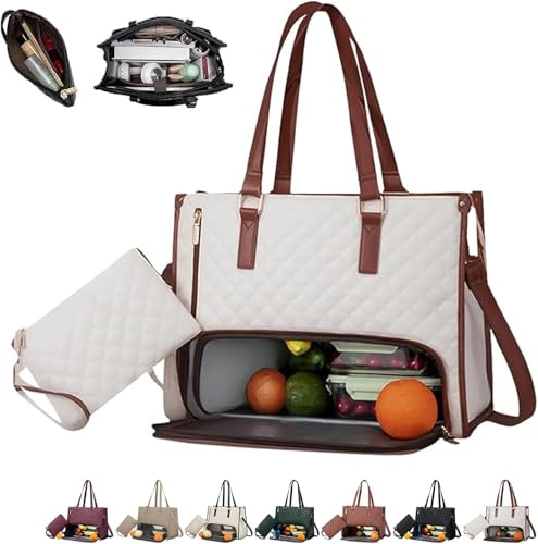 2-in-1-Tragetasche, Lunch-Tasche, 39,6 cm, auslaufsichere Tragetaschen mit isoliertem Lunchfach, große Kapazität, Computer-Handtaschen für Damen, Laptop-Handtaschen mit Geldbörse für Business (weiß)