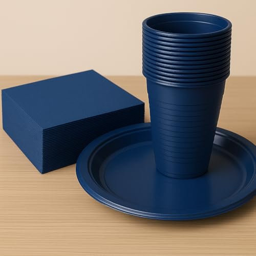 Generico Set Completo per Feste da 150 Pezzi in Blu – 50 Piatti, 50 Bicchieri e 50 Tovaglioli Coordinati per 50 Persone – Ideale per Battesimi, Compleanni, Baby Shower, Eventi e Cerimonie Eleganti