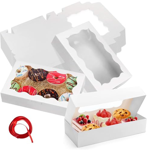 22 Stück Weiße Papier Cupcake Box - 17.8*11*3.8cm Papier Cupcake Box Kuchenbox Pappe mit Sichtfenster Cupcake Karton, Muffin Box mit Rote Schleife für Cookies Desserts Torten Muffin Transportbox