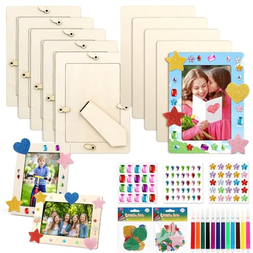 10 Stück Bilderrahmen Holz Set zum Bemalen, 20 x 15 cm Holzbilderrahmen zum Bemalen, DIY Bastelset mit Glitzersteine Glitter Moosgummi Sticker Farbige Pinsel zum Kinder, Deko, Bemale für Geburtstage