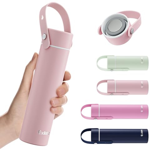 Exllena Borraccia Termica Piccola 300ml con Manico Regolabile– Mini Borraccia Termica con Coperchio in Acciaio Inox - Design Compatto e Portatile - Ideale per Sport, Viaggi e Bambini(Rosa Pastello)