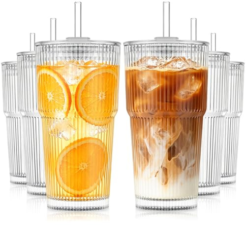 KEMORELA 6 Stück 600ml Gerippte Glasbecher mit Deckel & Strohhalm – Wiederverwendbare Trinkgläser im Set, Dickwandige Eiskaffee Gläser für Latte, Smoothies, Bubble Tea, Saft & Kalte Getränke