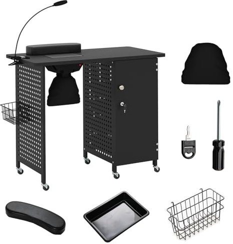 GOPLUS Table Manucure Professionnelle, Table Onglerie à 6 roulettes Verrouillables avec Ramasse-poussière Électrique, Sac, Lampe, Porte verrouillable, Caisson Amovible, Coussin pour Mains, 90x45x79cm