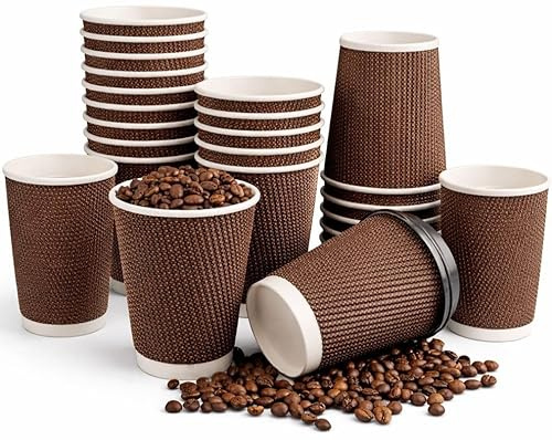 George Pack 200 x 10oz Disposable Ripple Kraft Triple Walled Paper Brown Cups with 200 LIDS (for Tea, Coffee, Cappuccino Hot Drinks, Takeaway & More) 200 Pack 10 Ounce