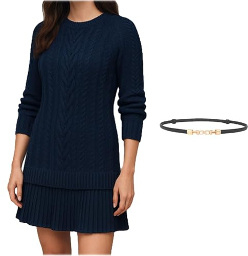 Genérico Vestido De Punto Trenzado con Falda para Mujer, Minivestido De Punto Trenzado con Cuello Redondo para Mujer (Dark Blue,XS)