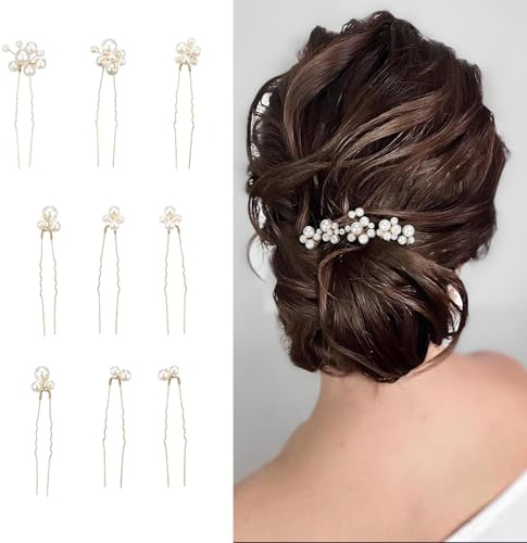 LAOYEFACAI 9 pièces perles poils aiguilles en U-forme mariée cheveux bijoux mariée perle cheveux accessoires perle cheveux dames filles pour mariages alltag fêtes danses (gold)
