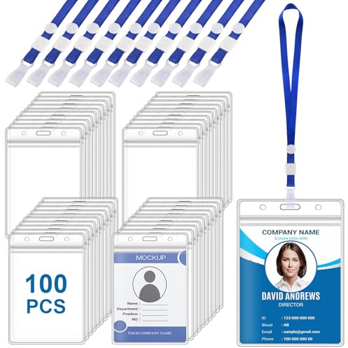 100 stycken A6-ID-kortshållare, 11 x 16 cm vattentät ID-korthållare med band, med justerbart spänne, transparent PVC-kortfodral vertikal ID-korthållare, för anställda studenter utställningar (blå)