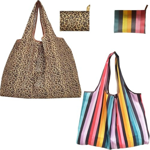 ZenyTra 2er-Set Einkaufstaschen Faltbar | 50x60 cm Große Mehrwegtasche Aus Stoff | Leopardenmuster& Regenbogen Streifen Design | Wiederverwendbar & Schnelltrocknend Für Einkauf, Reise & Ausflug