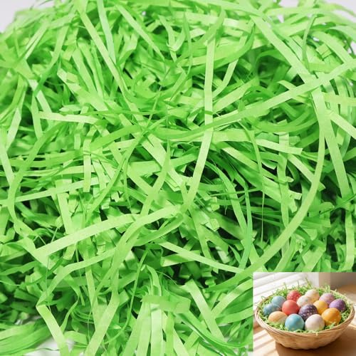 COSBERY 200g Ostergras Grün, Füllmaterial für Osterkorb, Osternest Füllung für Geschenkbox Ostern Geschenktüte, Geschreddertes Papier Füllmaterial, Deko Gras für Osternest Geschenkkorb Osterdekoration