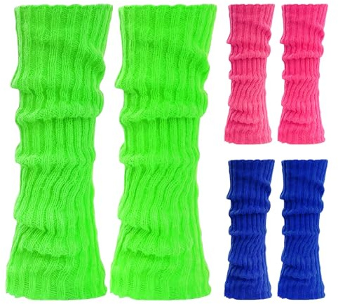 QINQINZIJIN 3 pares Calentadores de Piernas Neón, Calentadores Piernas Mujer, Tejido de Punto, Suave y Cómodo, Accesorios de Disfraces Años 80 y 90 para Fiestas Temáticas, Carnaval