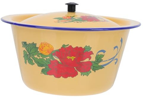 PRETYZOOM Vintage Enamel Bowl with Lid 1.4L Retro Antique Kitchen Pot 19.5cm Enamel Tureen Suitable for Home Cooking and Condiment Storage