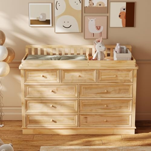 PREMTURE Commode à langer en bois massif, grand matelas à langer, 9 tiroirs, bord extra haut, commode à couches avec grand espace de rangement, commode pour bébé en bois véritable, 140 × 48 × 102 cm