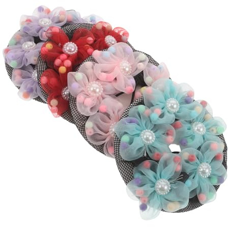 BCOATH 4 St Pojke Snood med Blommor Elastisk Dekorativ Hårnät för Ballettknut och Stretchig Mesh Dragsko för Unga Dansare och Skridskoåkare