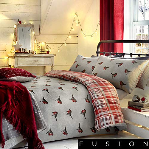 Fusion Robin Christmas 100% Brushed Cotton Flannelette Reversible Duvet Cover Set, Multi, King