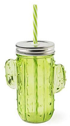 Excelsa Cactus Bicchiere/Mug con Cannuccia Riutilizzabile, Capacità 425 Ml., Vetro