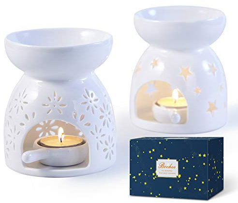 Bochee Keramik Duftlampe Aromalampe Weiß mit kerzenhalter Set mit 2-Sterne- und Blumenmuster