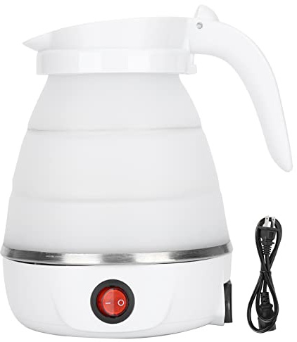 Omabeta Small Electric Kettle Travel Kettle Foldable Portable Kettle Folding Water Boiler, Silicone Collapsible Heating Water Boiler Tea Pot for Camping 400W US Plug 110V(White)
