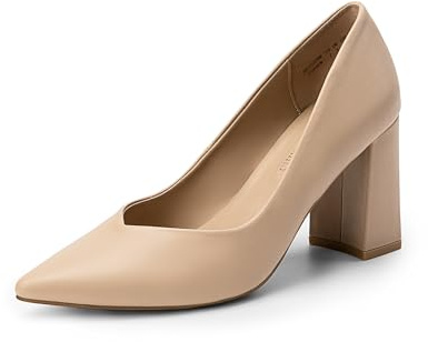 DREAM PARIRS Höga tjocka stängda tåblockklackar spetsig tå bröllopsfest eleganta slip-on pumpskor, Nude/Pu, 9 UK