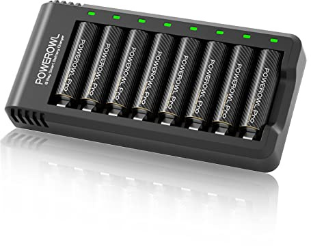 POWEROWL Gold-top Rechargeable AA Batteries PRO w/ 8 Bay Charger, High Capacity 2800mAh, Premium NiMH Double A Battery -8 Count