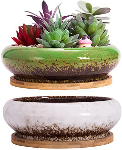 ARTKETTY Sukkulentententöpfe mit Drainage, 2 Stück, große Sukkulenten-Übertöpfe, Schüssel, Keramik-Bonsai-Töpfe mit Bambus-Tabletts, 18 cm, runde, Flache Töpfe für drinnen und draußen, Kakteen,