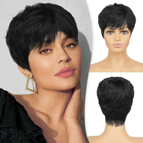 RUWISS Pixie Cut Wig Human Hair with Bangs Natural Short Black Wig Layered Wavy Different Style Short Wigs for Black Women (1B#)