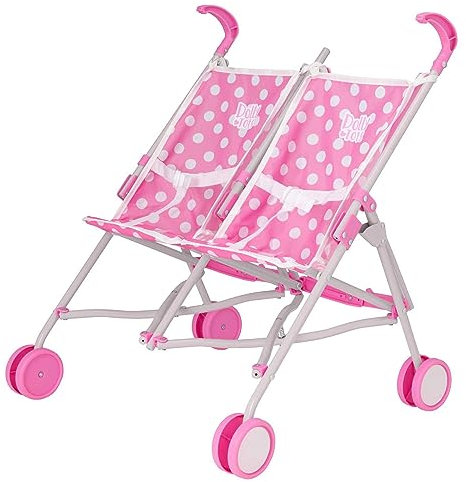 Dolly Tots Zwillings-Puppenwagen Pink | Doppelbuggy für Kinder ab 3 Jahren | Klappbarer Spielzeug-Kinderwagen für Zwei Puppen bis 45 cm | Rollenspiel-Puppenbuggy mit Stauraum