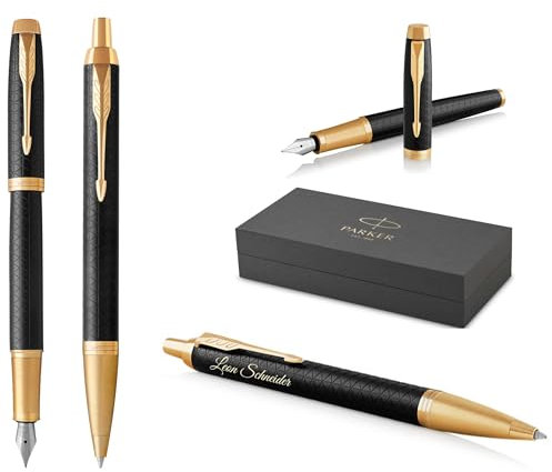 PARKER IM Premium Füllfederhalter und Kugelschreiber mit Gravur | Premium Stift | Geschenkbox | blaue Tinte | personalisiertes Geschenk | Jahrestag | Geburtstag (Black/Gold G.C.)