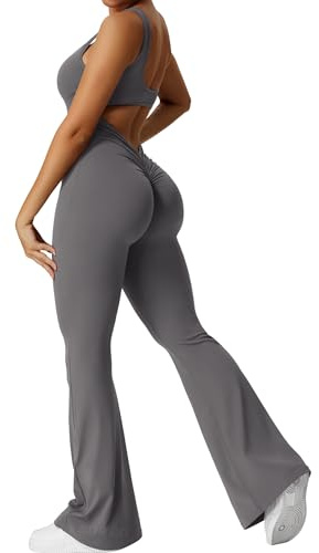 YEOREO Women Sleeveless Flare Jumpsuits Sexy Backless Gym Bodycon Scrunch Butt Yoga Rompers V Back Lizvette Dark Grey X-Small