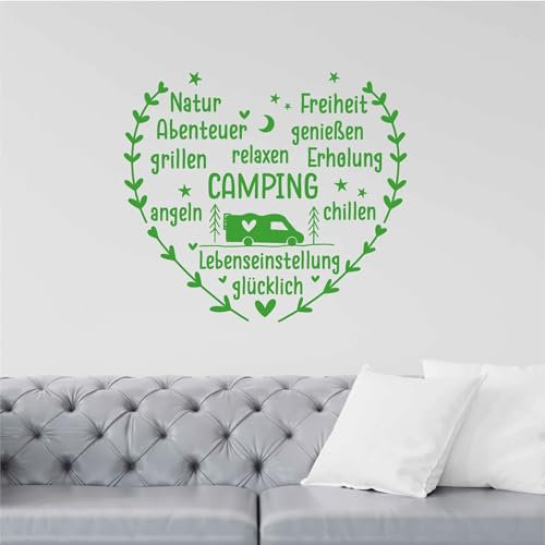 Indigos UG - Wandtattoo Wohnzimmer - Wandaufkleber Camping ist die Lebenseinstellung - Gelbgrün 60x53cm - Aufkleber Kinderzimmer Schlafzimmer Küche Badezimmer Büro Dekoration