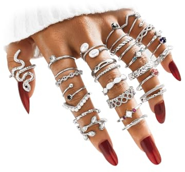 Gold Boho Sparkle Knuckle Rings Set for Women, Vintage Fashion Aesthetic Trendy Joint Snake Ring Pack Retro Green Black Pink Colorful Rhinestone Star Crystal Leaf Diamond Pearl Jewelry (Silver-30Pcs)
