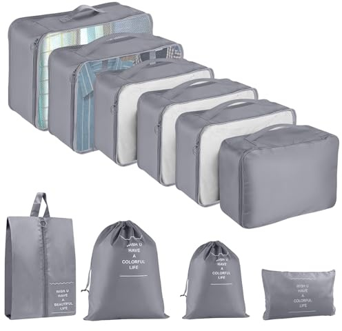 Resväska arrangör set, 10 stycken packningskuber för resväska resetillbehör bagageorganisatör set klädväskor packkub kosmetika researrangör packväskor för resväskor (grå)
