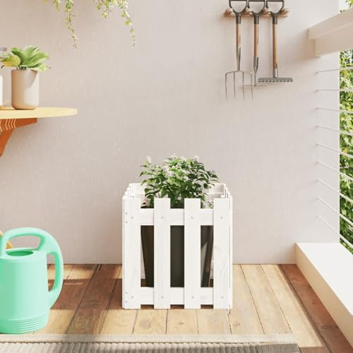ARKEM Pflanzkübel Lattenzaun-Design Weiß 40x40x40cm Massivholz Kiefer Balkon Blumenkasten Vertikaler Garten