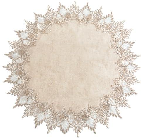 URROMA Runde Deckchen aus Leinen, 60 x 60 cm, beige Tischdecke mit Spitzenbesatz, Couchtischdekoration, Tischdecke für Esszimmer, Küche