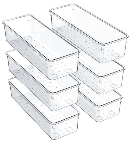 6 Pack Drawer Organiser, Versatile Clear Drawer Storage Trays with Non-Slip Pads, Acrylic Plastic Desk Organiser Drawer Dividers for Makeup, Kitchen, Fridge, Bathroom, and Office.
